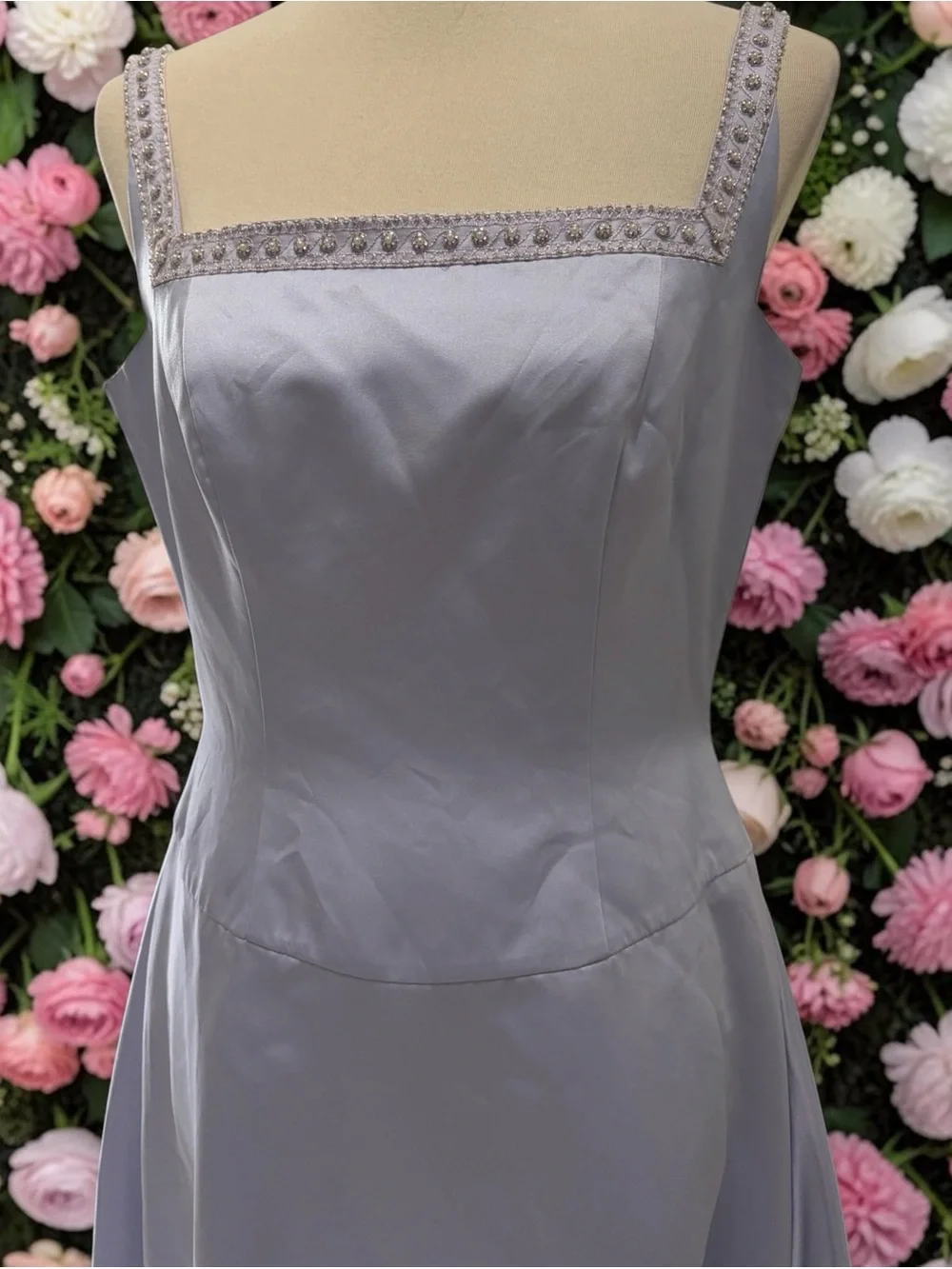 Elegant Periwinkle Square-Neck Satin Wedding Bridesmaid Dress with Beaded Straps - Picture 2 of 10